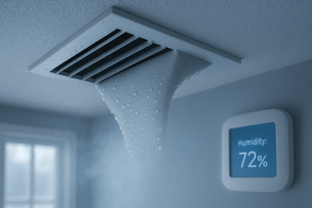 Ceiling air vent with visible condensation caused by high humidity