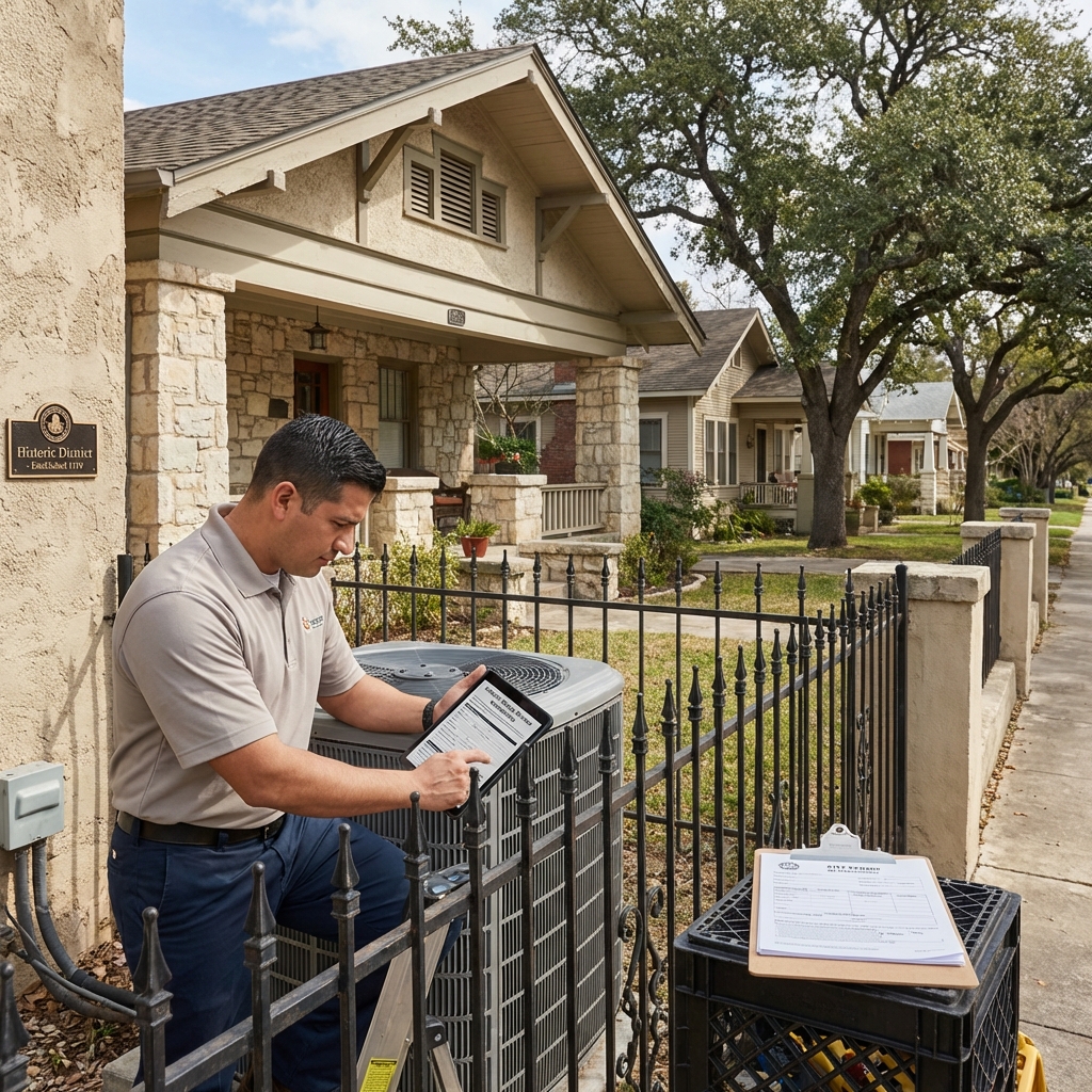 Technician checking an AC condenser with a tablet beside a historic district plaque in a San Antonio neighborhood