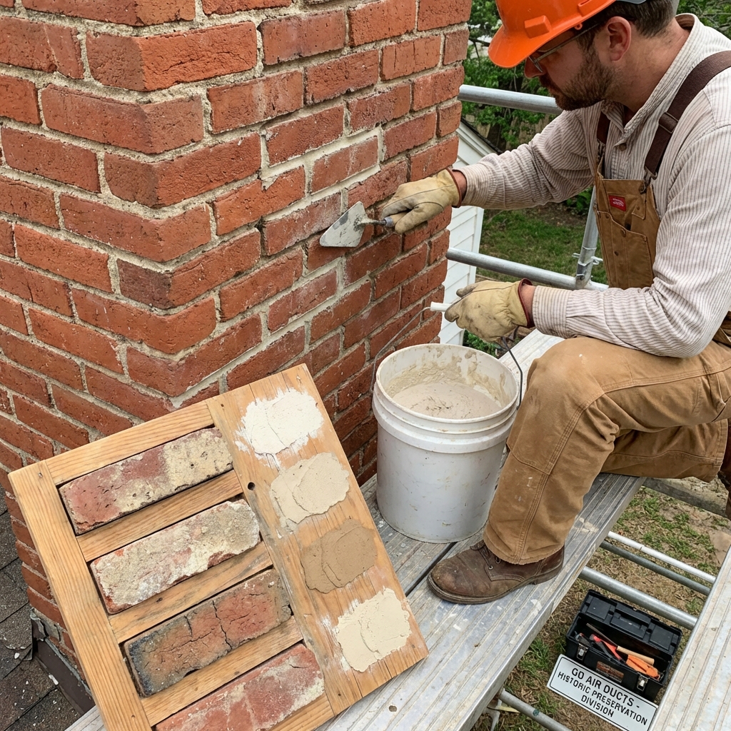 Worker repointing a historic Texas home chimney with color-matched mortar samples on a preservation board