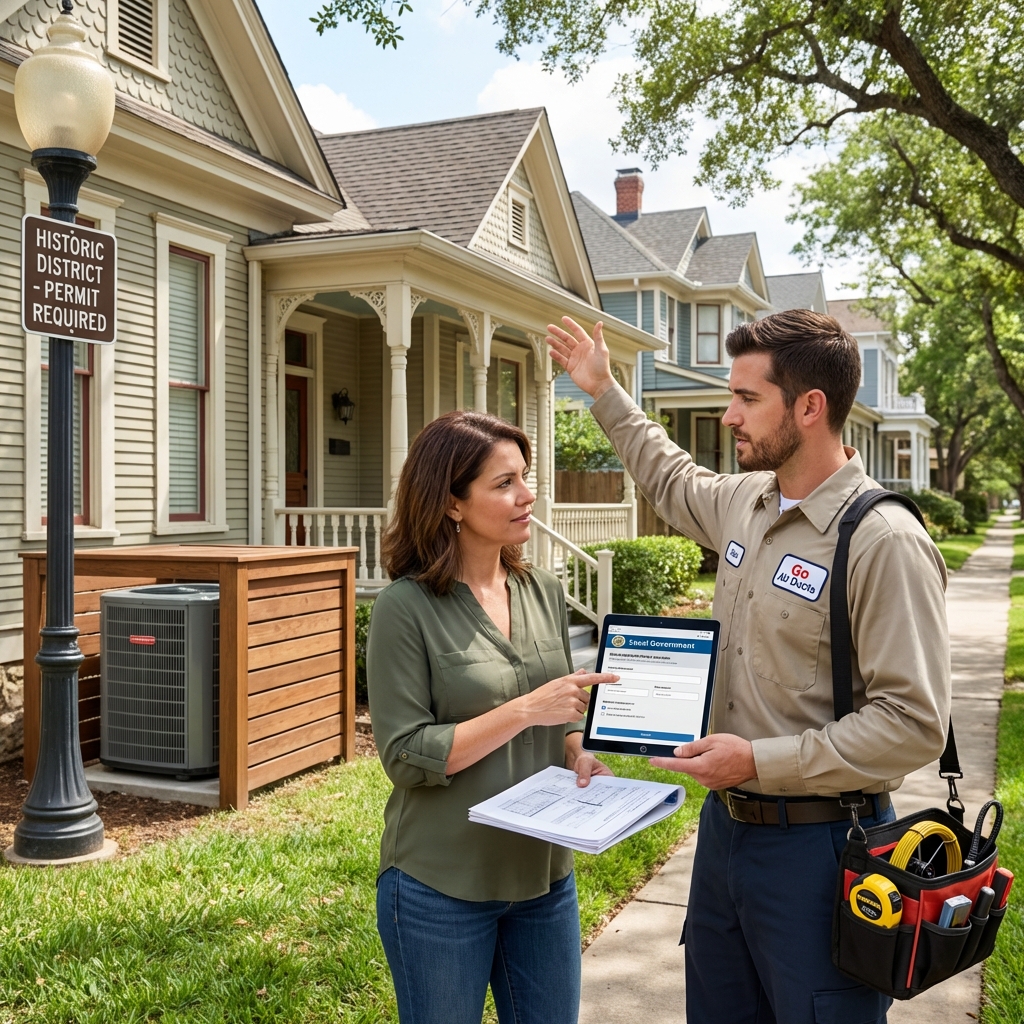Go Air Ducts technician explaining historic district HVAC permit rules to a homeowner by a permit sign