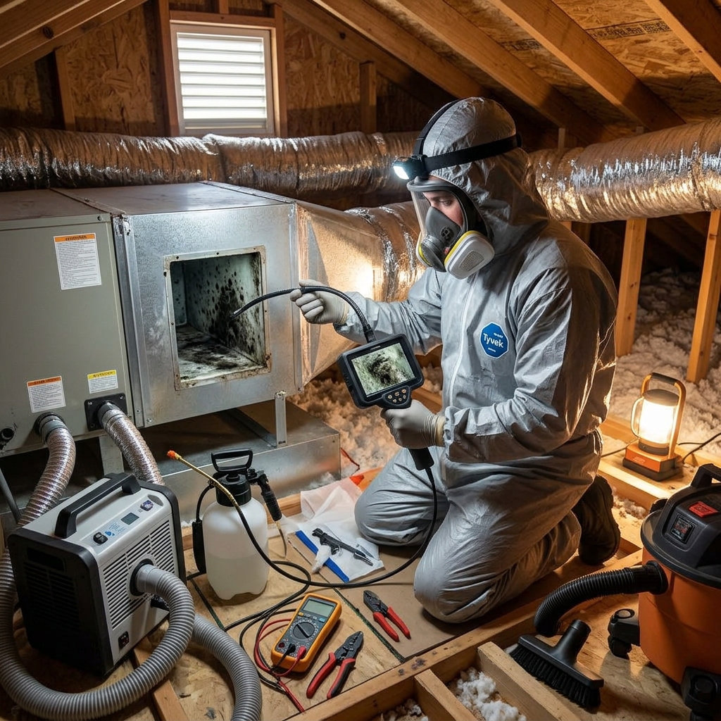 Technician in a hazmat suit inspecting a mold-covered air handler with a camera in a San Antonio attic