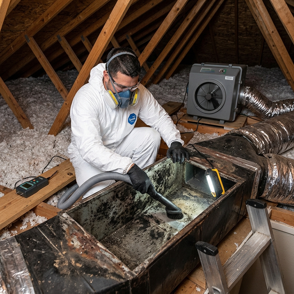 Technician in a protective suit vacuuming mold from a return duct during Austin mold remediation