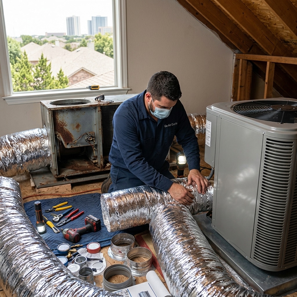 Go Air Ducts technician replacing a central HVAC air handler and ducts in an Austin attic
