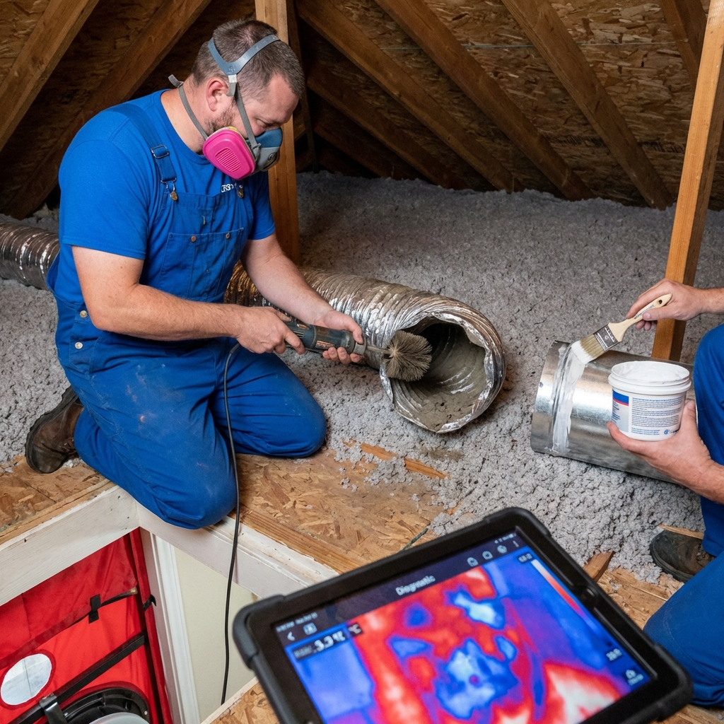 Central Texas technicians brush-cleaning a flex duct and applying mastic sealant in an attic, with a thermal scan on a tablet