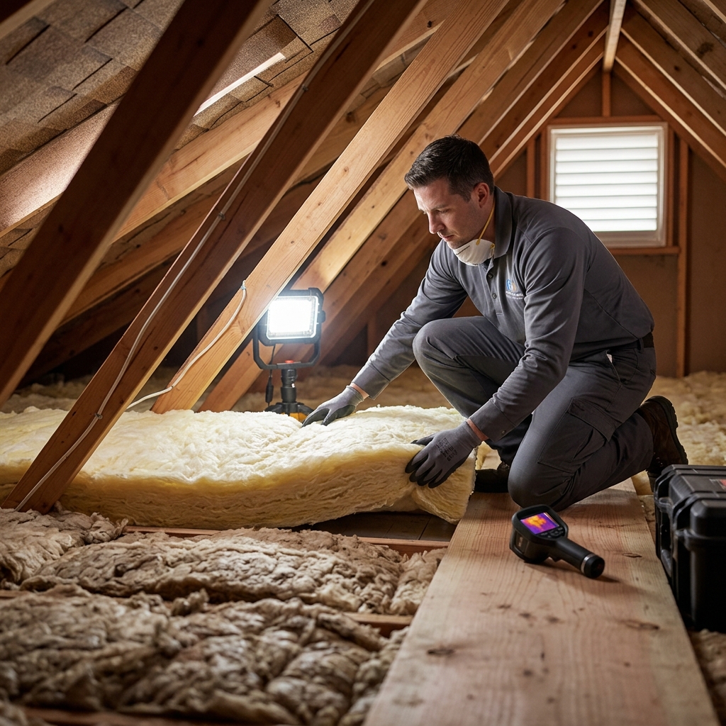 Technician installing insulation in an attic over air ducts with bright work lights.