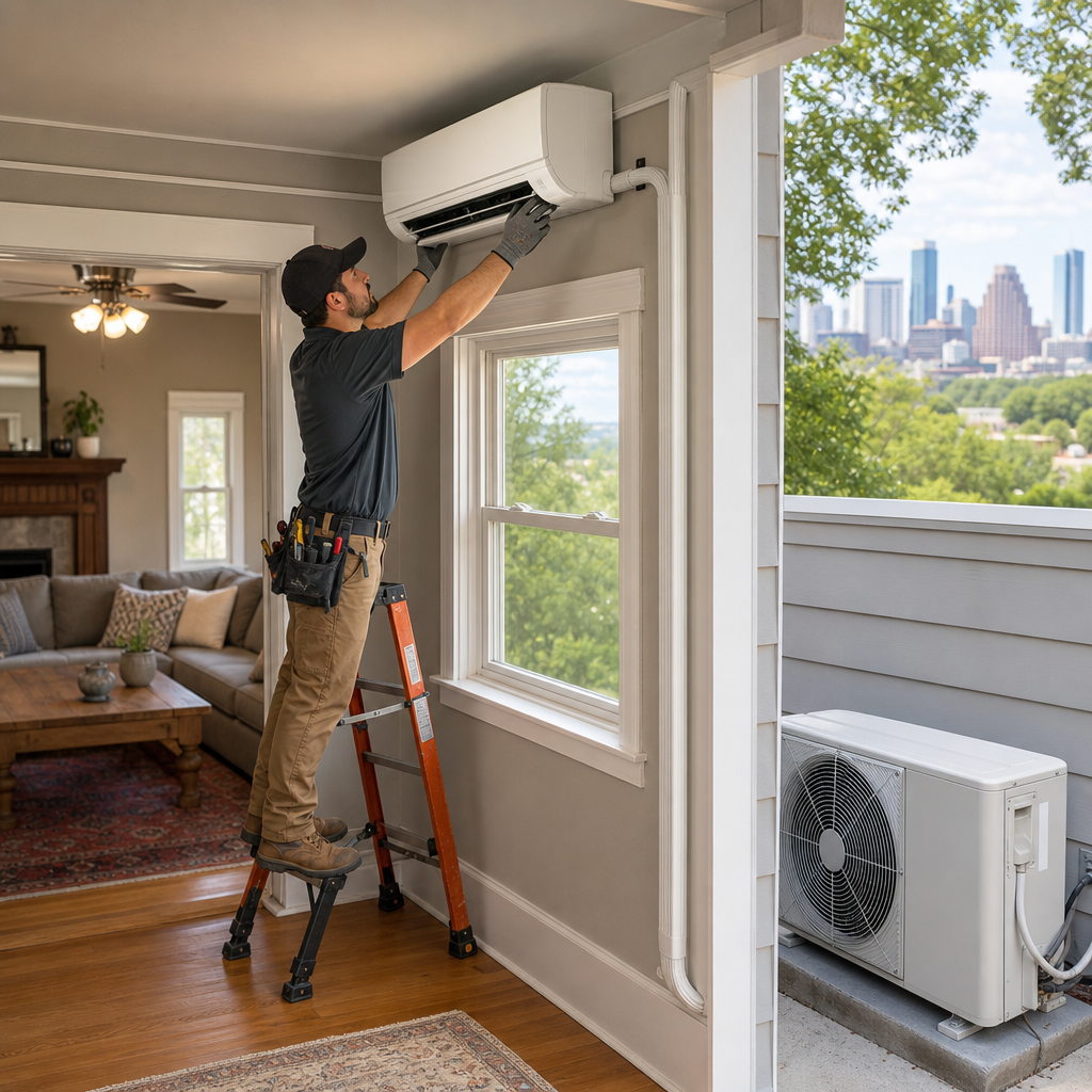 A Go Air Ducts technician stands on a ladder to install a wall-mounted ductless mini-split air conditioner next to a window overlooking a city skyline.