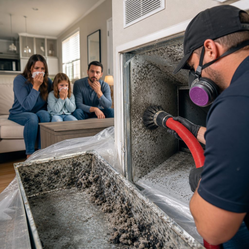 A Go Air Ducts technician wearing a protective respirator vacuums a severely dusty ventilation intake while a family sits on a nearby sofa holding tissues.