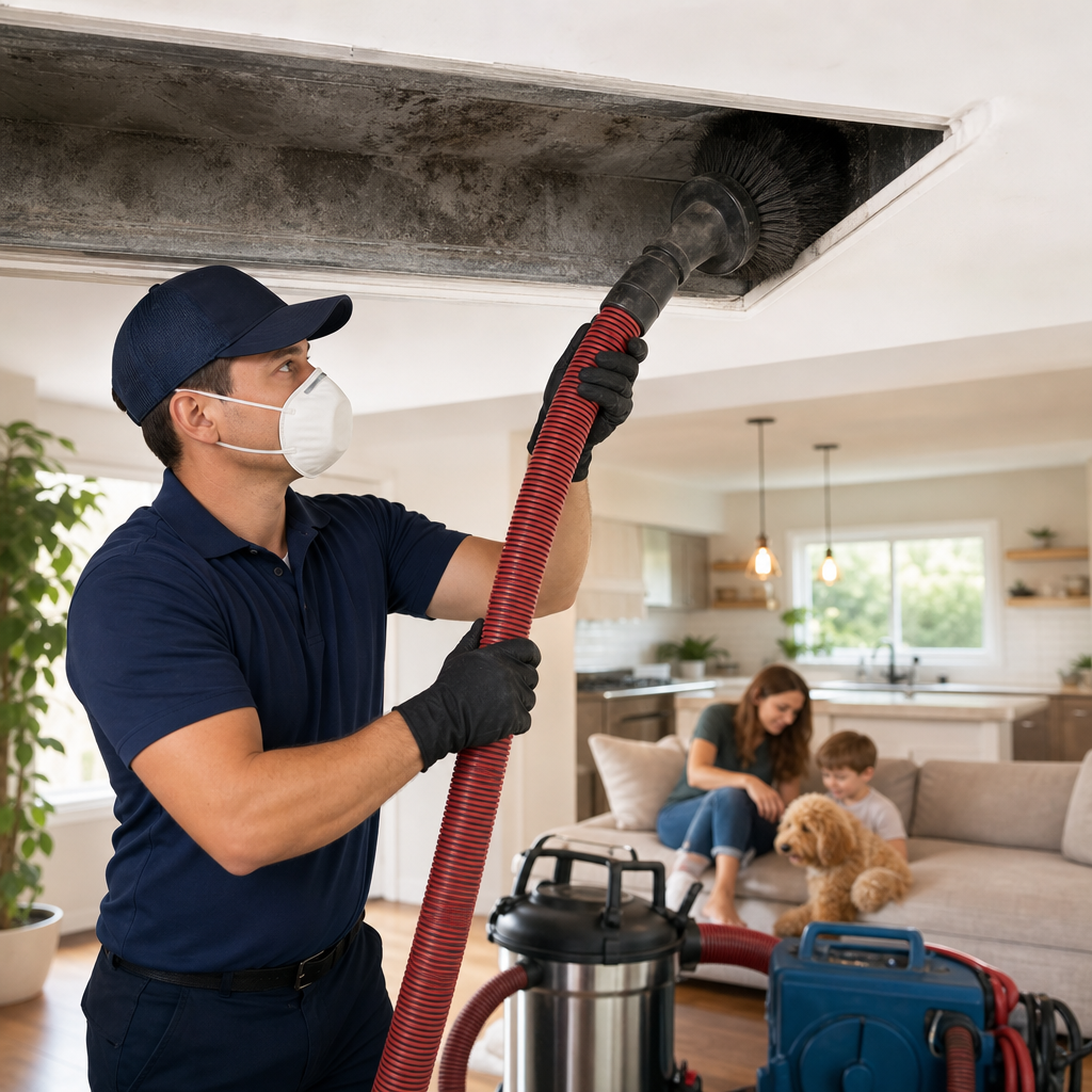 A Champion AC technician vacuums deep-seated dirt and contaminants from a home’s ceiling air duct.