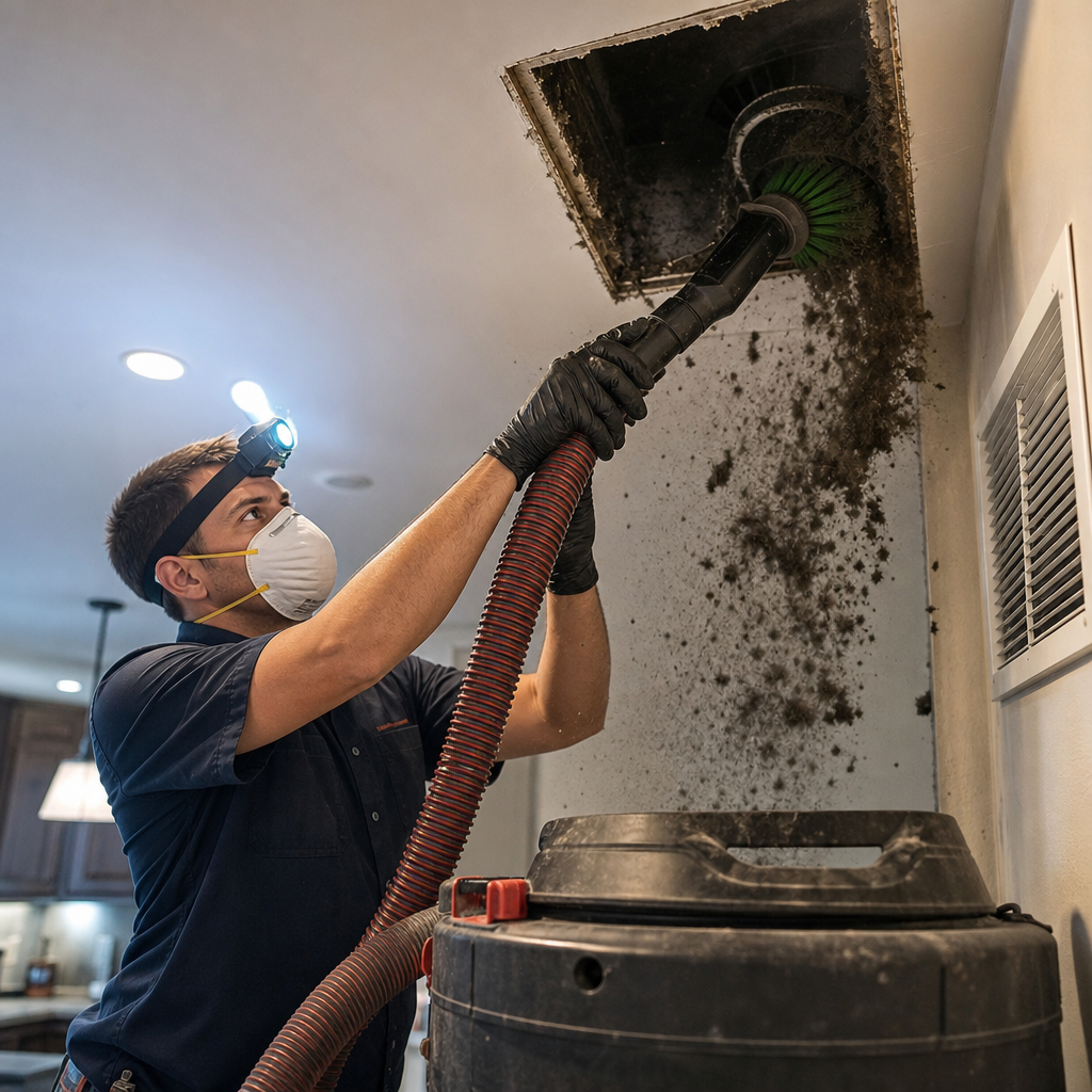 A Go Air Ducts service provider wearing a respirator and headlamp uses a green rotary brush and red suction hose to clean a ceiling vent as dust drops into a catch system.