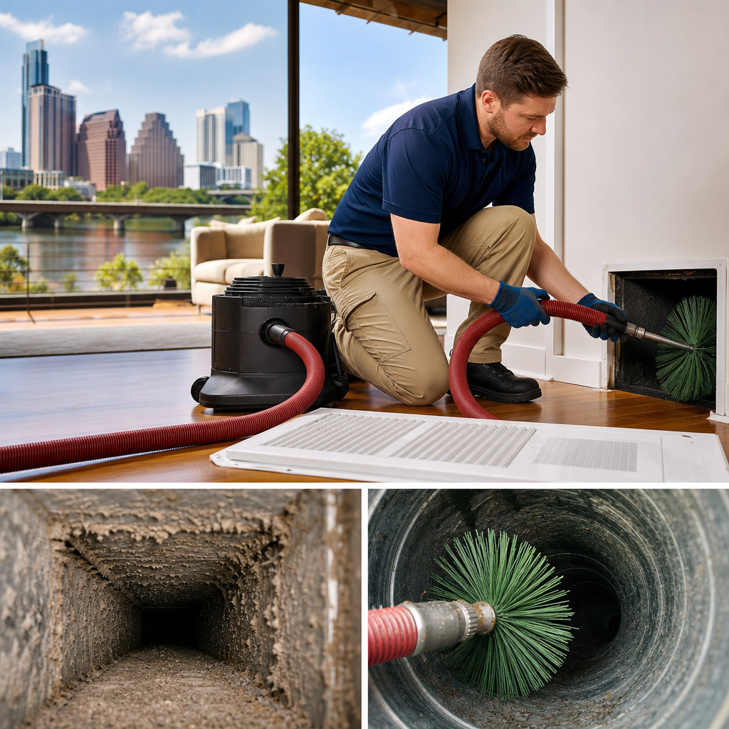 A Go Air Ducts technician scrubs a low baseboard vent with a green rotary brush, accompanied by close-up insets of dirty and clean duct lines.