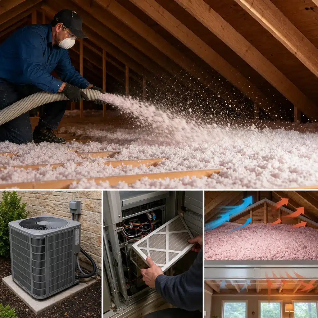 A collage showing a Go Air Ducts professional blowing attic insulation, an outdoor AC compressor, a technician changing a furnace filter, and a home ventilation diagram.