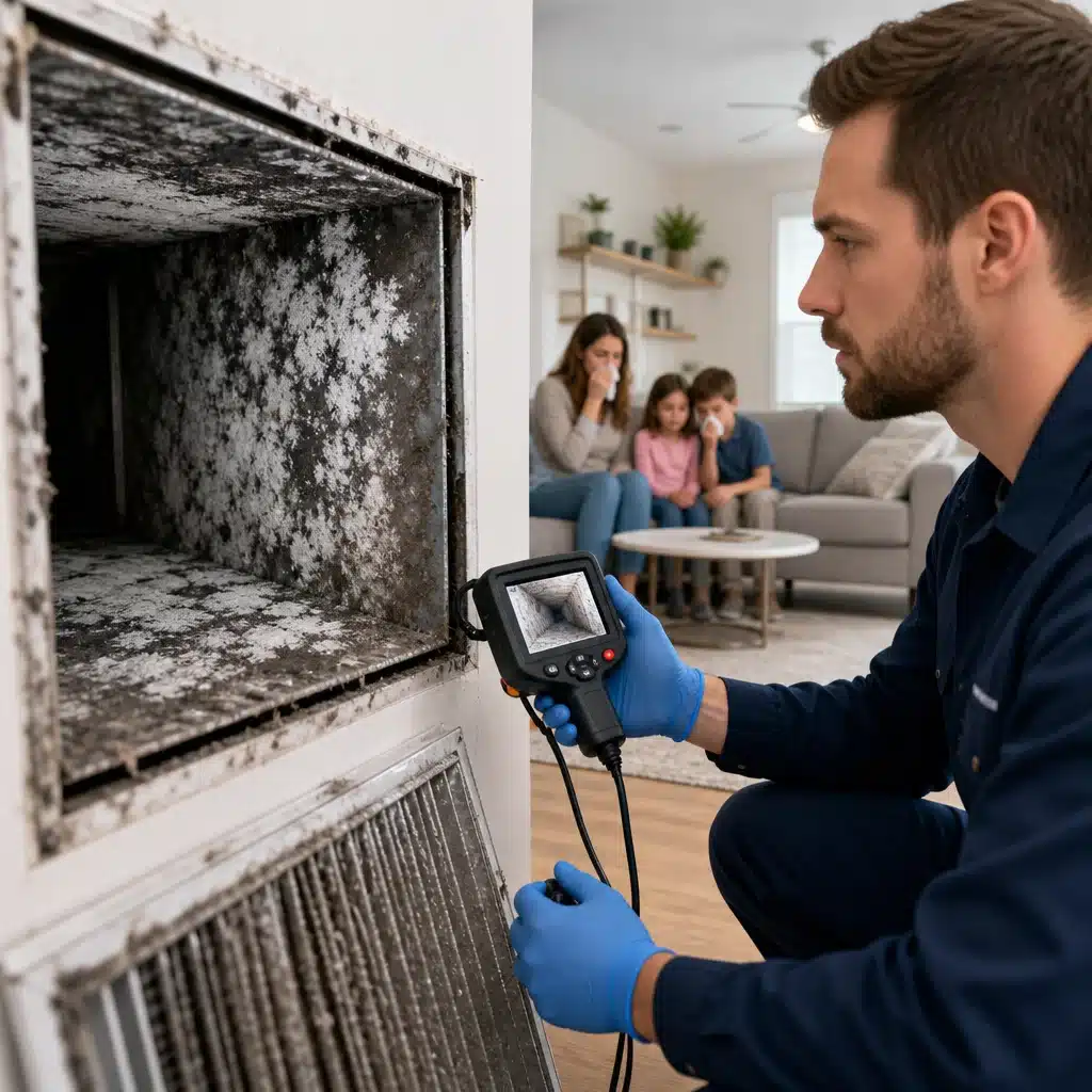 A Go Air Ducts technician uses a digital inspection tool to check a heavily mold-covered wall air vent while a family wipes their noses on a living room couch in the background.