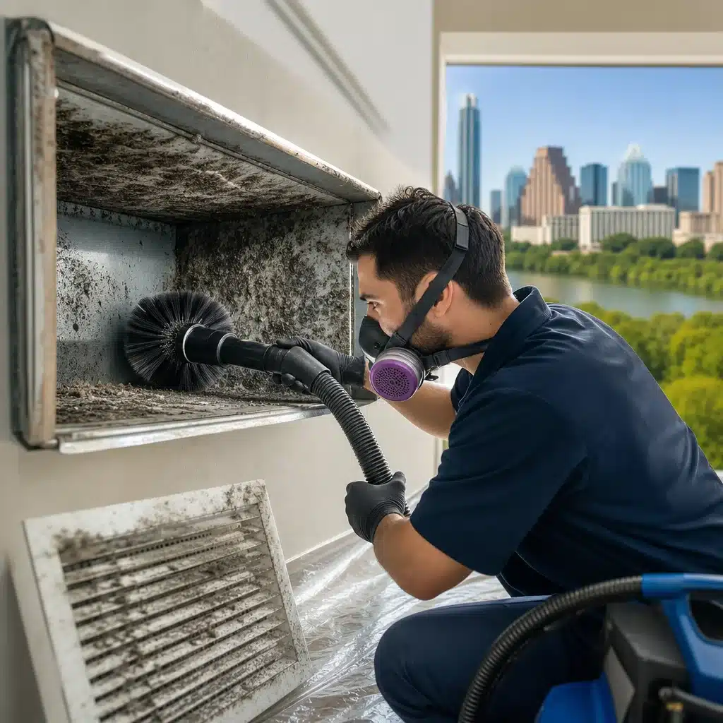 A Go Air Ducts technician calibrates the electrical disconnect panel of a white mini-split condenser unit mounted outside a stone-faced residential building.