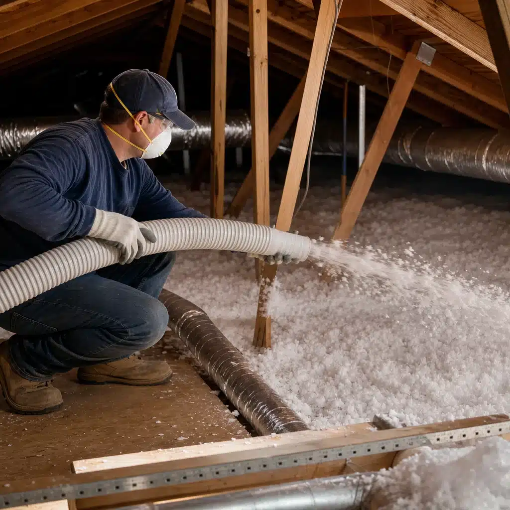 An insulation installer wearing a dust mask crouches in an attic, blowing a thick layer of white loose-fill fiberglass insulation onto the floor using a large flexible tube.