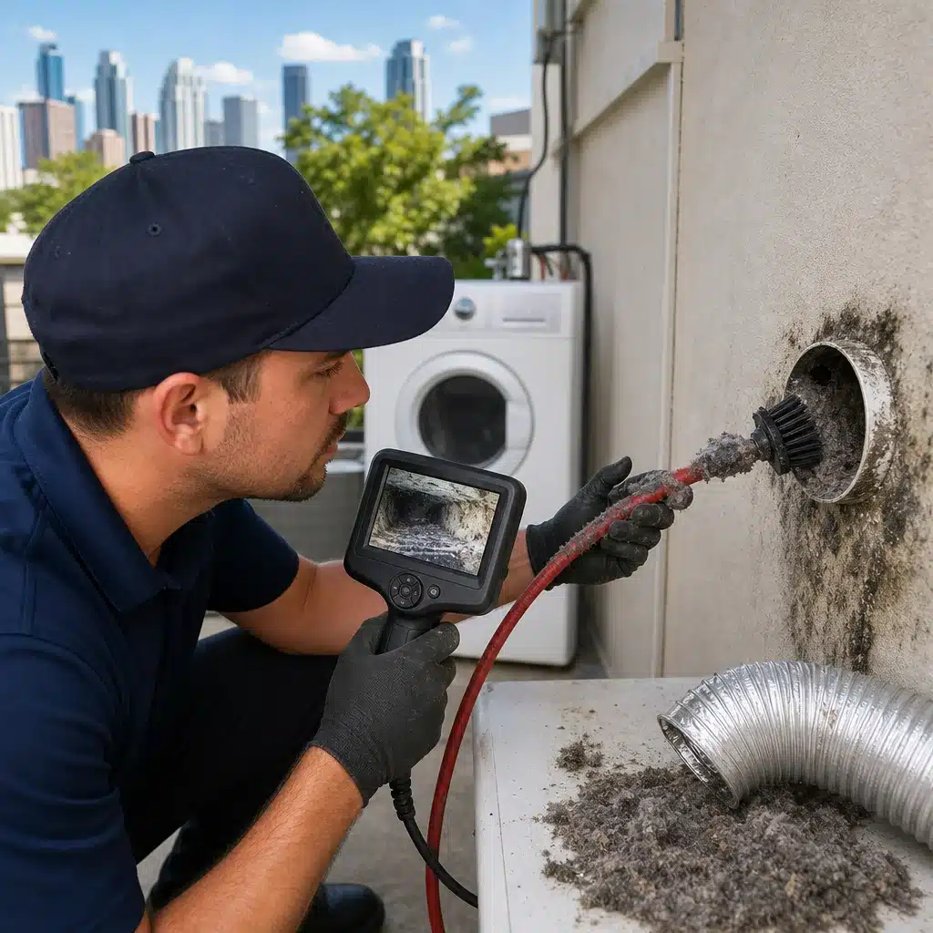 A Go Air Ducts expert uses a rotary line camera to inspect and clean a circular exterior dryer vent exhaust port with a large pile of lint beneath it.