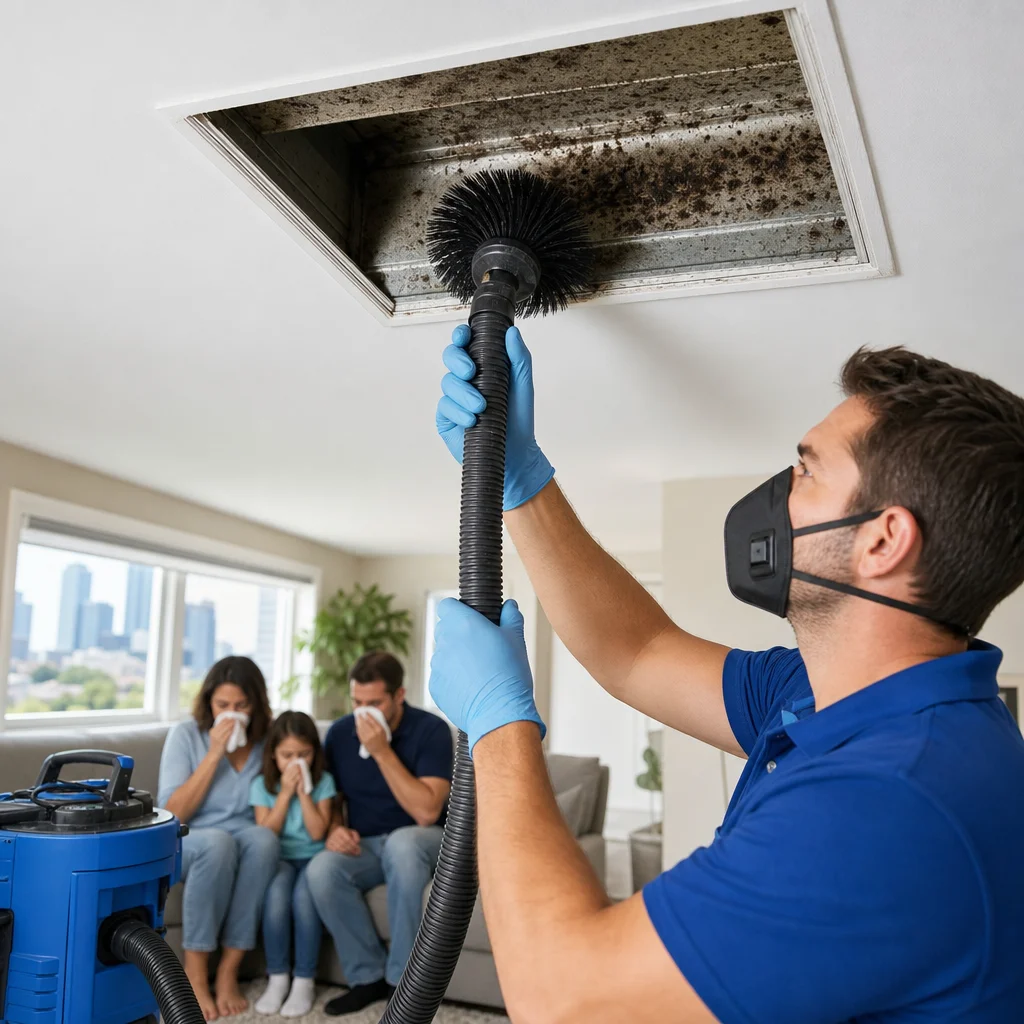 A Go Air Ducts specialist uses a rotary brush and vacuum hose to deep clean a mold-spotted ceiling vent while a family sits coughing on a living room couch in the background.