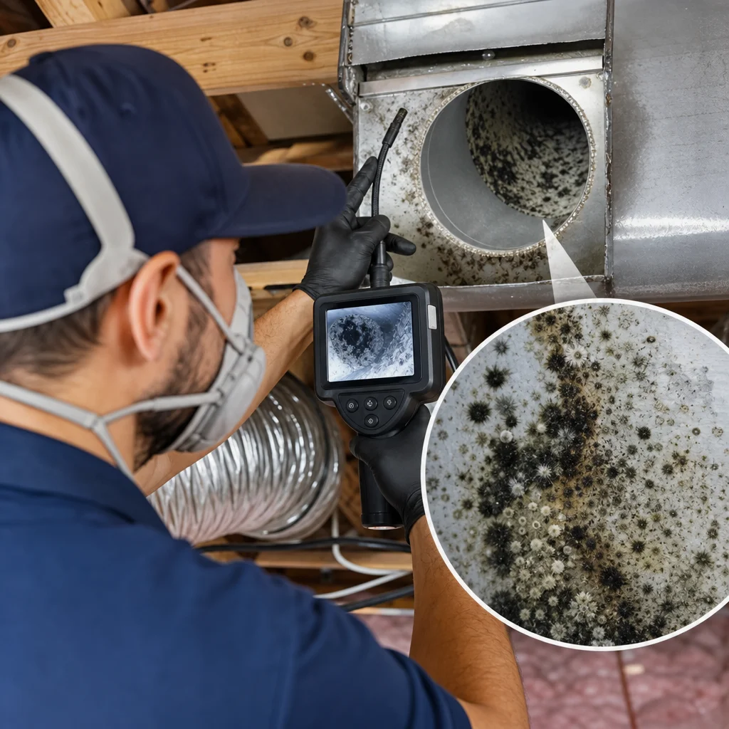 A Go Air Ducts technician reviews an internal camera screen showing a close-up magnified circle of thick black mold spore clusters inside a round air duct.