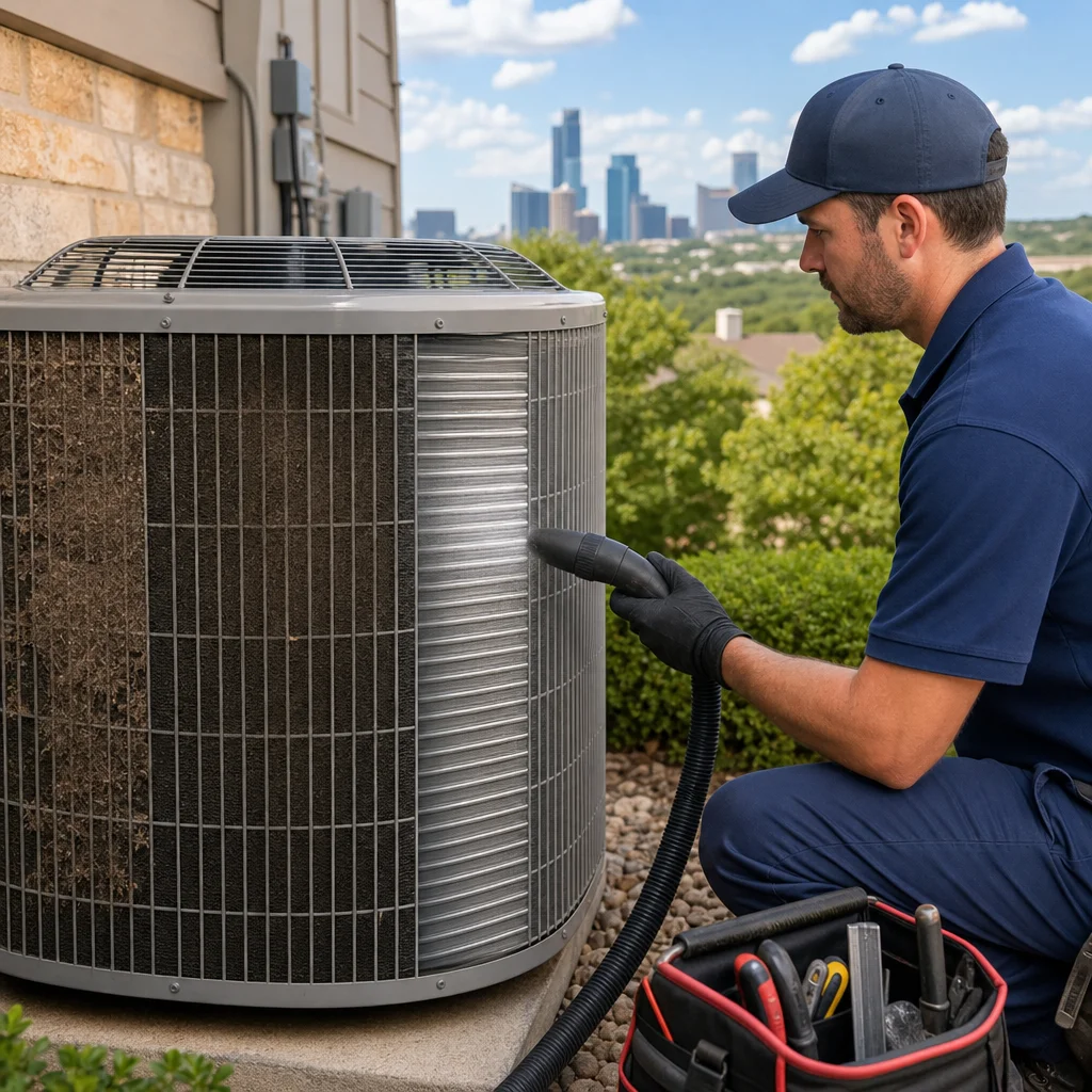 A Go Air Ducts professional cleans an outdoor central air conditioning unit, showcasing a stark split-view comparison of a dirty, blocked coil next to a perfectly clean metallic surface.