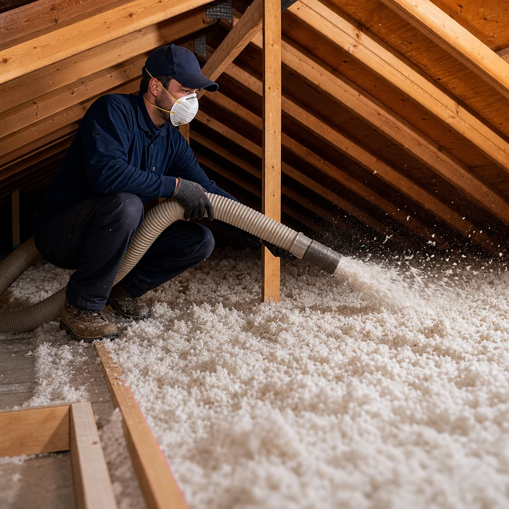 A masked worker from Go Air Ducts shoots loose-fill white insulation material from a thick hose onto an attic floor to build a dense thermal barrier.