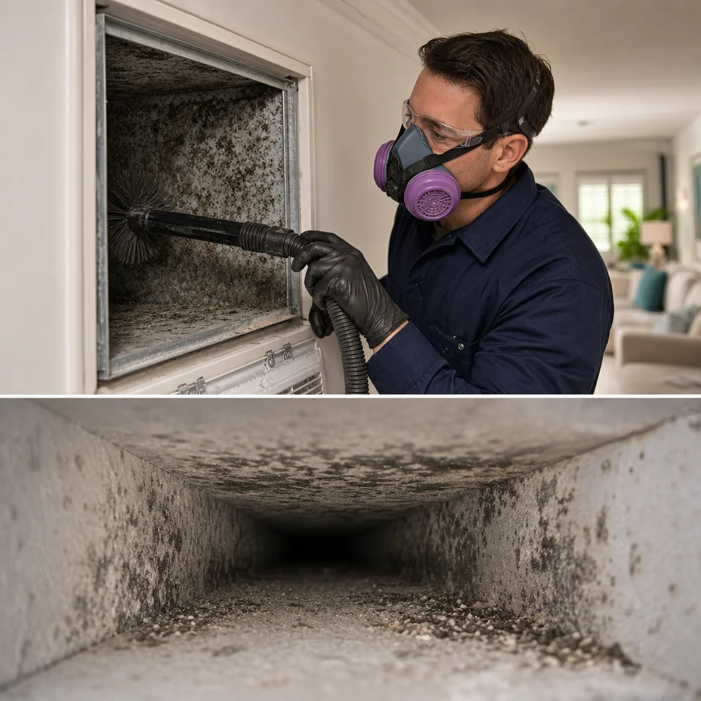 A split-view image showing a Go Air Ducts specialist in a purple respirator mask scrubbing a dirty vent next to a close-up of a dark, mold-covered rectangular duct interior.