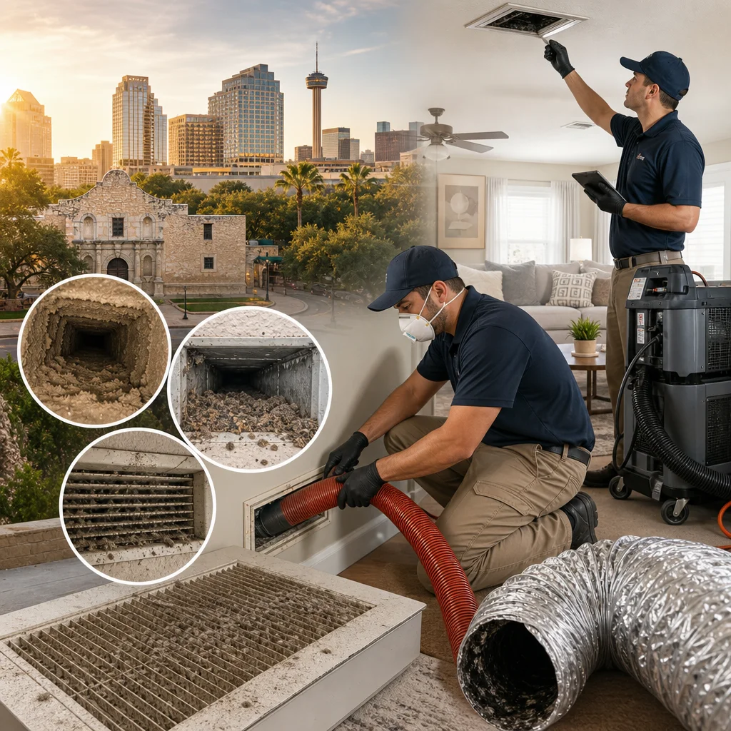 A collage showcasing a Go Air Ducts team servicing living room vents, circular before-and-after duct details, a heavily soiled air filter, and the historic San Antonio Alamo skyline.