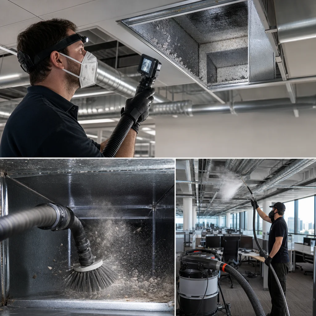 A multi-panel showcase featuring a Go Air Ducts commercial specialist examining an overhead ceiling duct with a camera probe, a close-up of a motorized brush scrubbing inside a metal channel, and a technician cleaning an open office space.