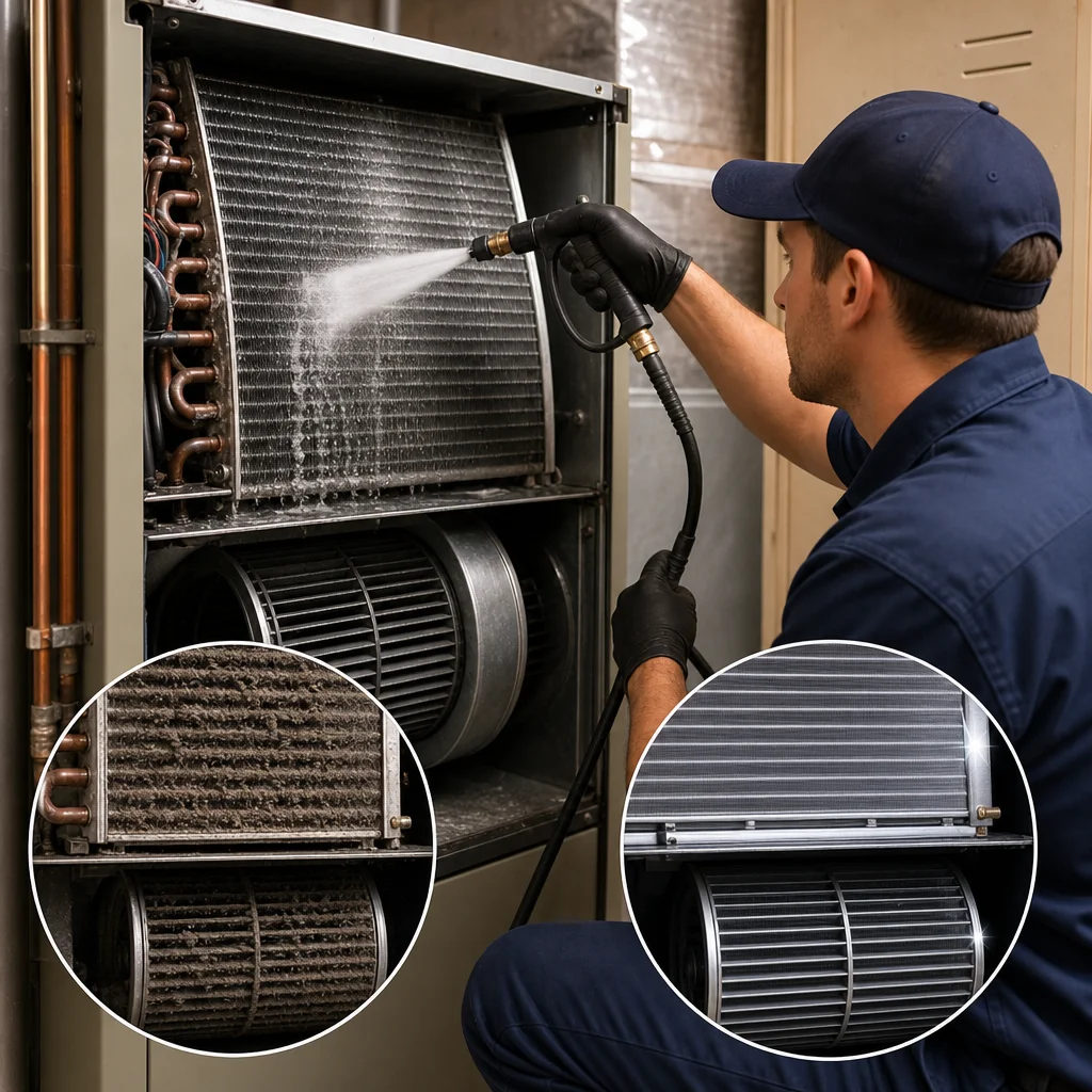 A Go Air Ducts professional uses a high-pressure spray wand to wash down an indoor furnace's evaporator coils, with circular inset panels contrasting a heavily clogged blower wheel and coil against spotless clean silver surfaces.